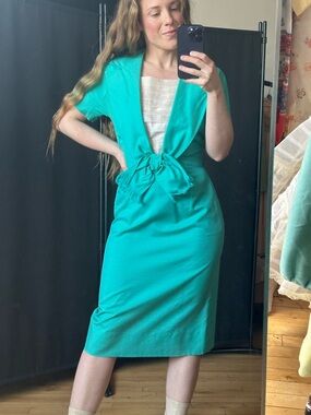 Vintage Turquoise Knot-Front Midi Dress